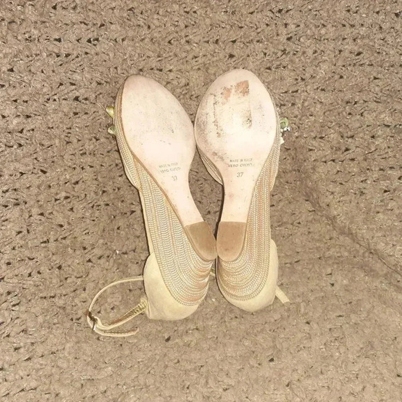 HEYRAUD 1921-Embellished Beige Suede-Flowers/Bells-Wedge-Sz 37-Excellent - Picture 7 of 7
